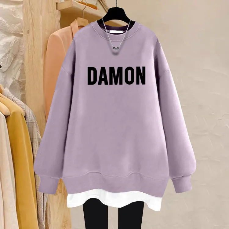 假两件圆领卫衣女2025秋冬新款宽松中长款遮屁股加绒加厚拼接上衣