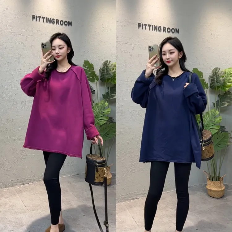 HG806秋冬新款韩版纯棉宽松休闲加绒加厚圆领套头卫衣女