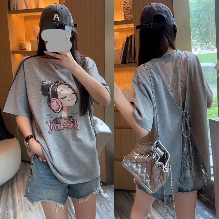 卡通烫钻印花短袖t恤女夏穿搭露背蕾丝拼接假两件上衣设计感小众