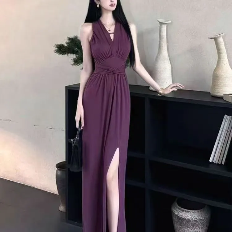 气质御姐风紫色背心连衣裙仙女夏季新款显瘦无袖裙子收腰开叉长裙