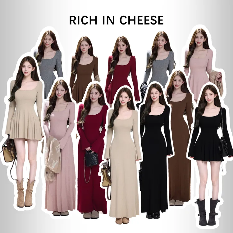 舒胡蕾 茶香可颂【系列合集】秋冬长袖高弹针织显瘦百搭收腰连衣裙