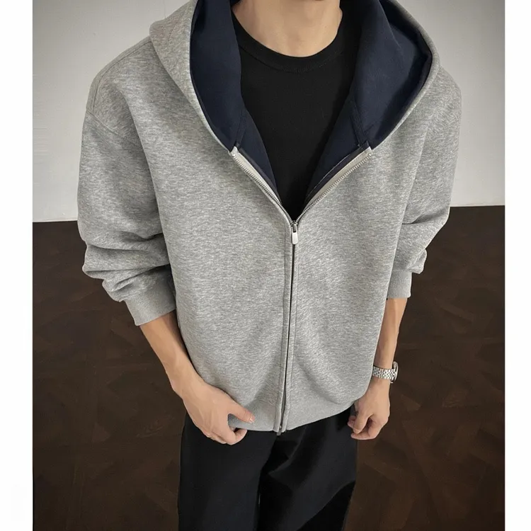 双11秋季外套男生宽松拼色连帽重磅卫衣男士潮牌时尚双拉链开衫男