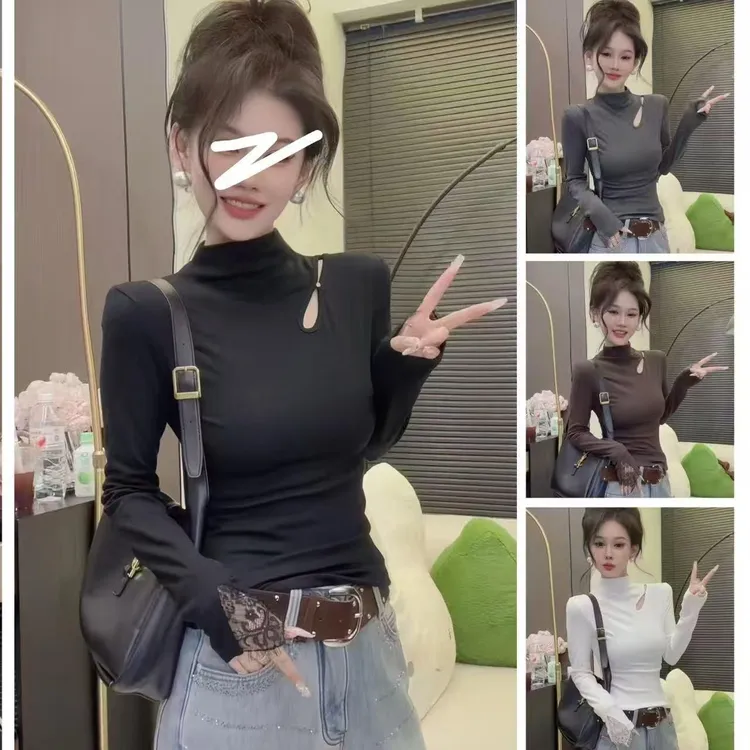 韩系半高领镂空蕾丝长袖T恤女2025秋冬新款修身显瘦加绒磨毛上衣