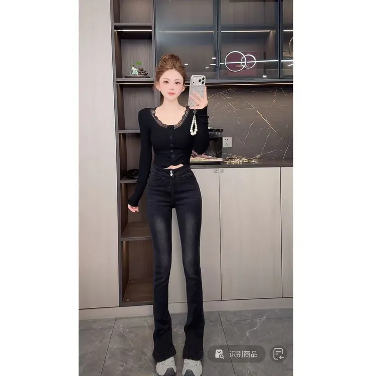 曼曼【修腿黑马】加绒修身显瘦马蹄牛仔裤Z1606#