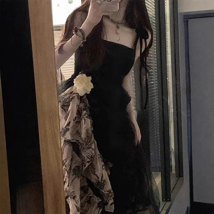 连衣裙显瘦气质吊带裙黑色法式长裙性感复古赫本风名媛礼服小众修