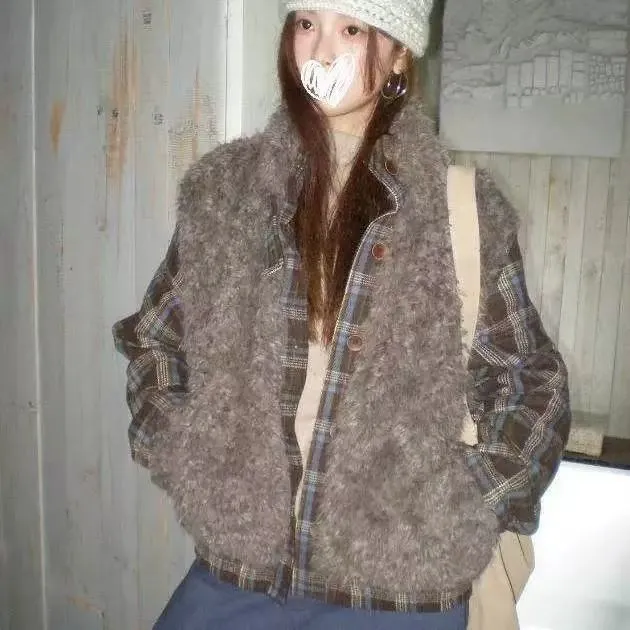 宽松型格子秋冬外套拼接棉服加绒加厚款冬季