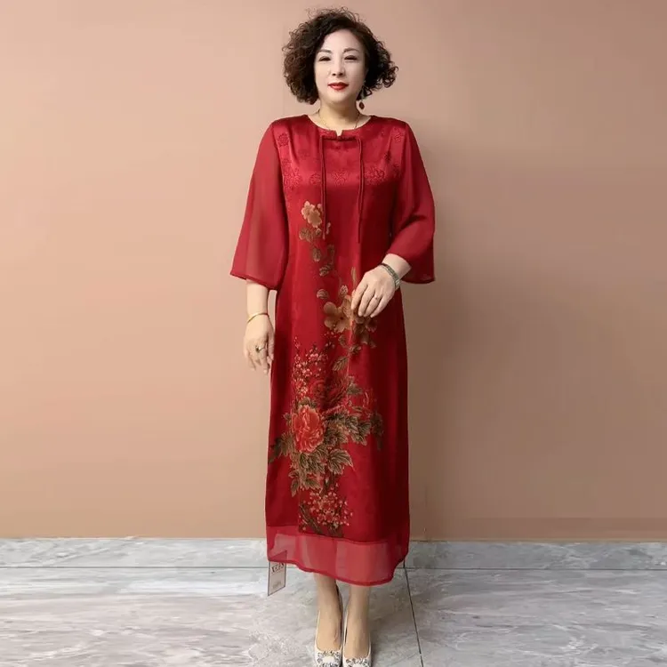 H夏季新款桑蚕丝时尚复古连衣裙遮肉圆领印花妈妈装中式国风长裙