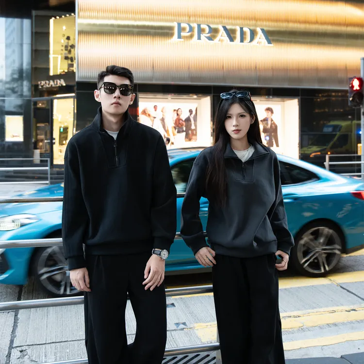 新品秋冬750g重双面慕斯绒百搭半拉链运动立领翻领卫衣