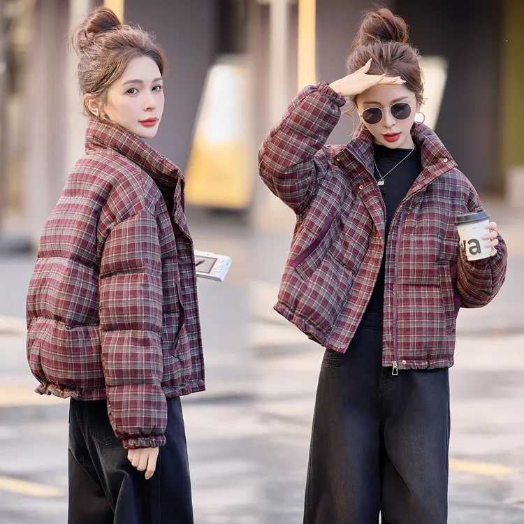 格纹立领羽绒服女短款2025冬季新款时尚高端洋气小个子白鸭绒外套