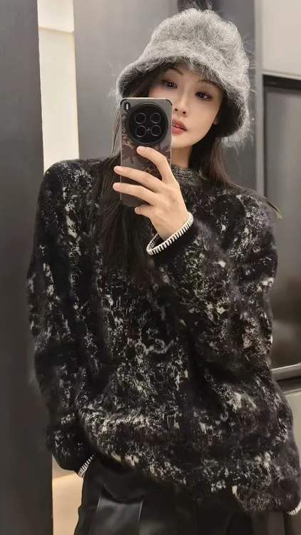 羊绒拉毛水墨画提花半高领针织羊毛衫厚款宽松慵懒风羊绒衫