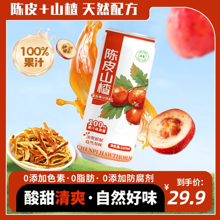 双方有情100%陈皮山楂汁220ml*10罐夏天解渴网红饮料夏日必备饮品