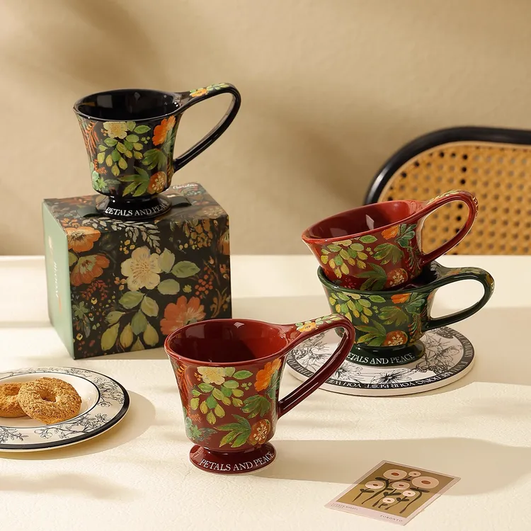 法式花卉高级感咖啡杯ins风创意陶瓷水杯精致复古杯子马克杯欧式