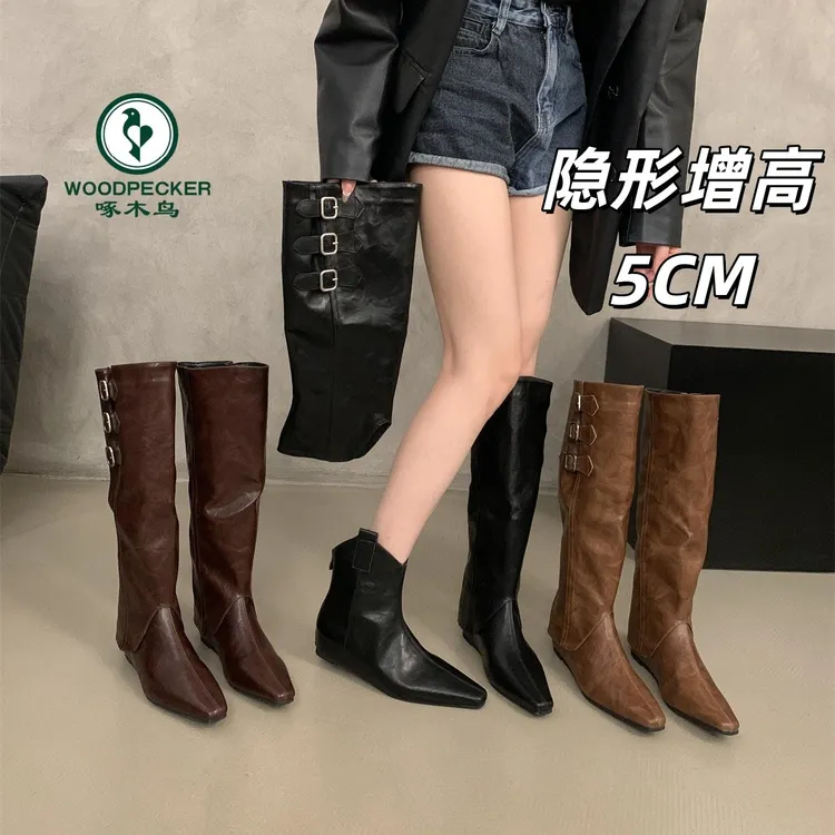 啄木鸟内增高套筒可拆卸裤管长靴女2025秋冬新款两穿尖头马丁靴女