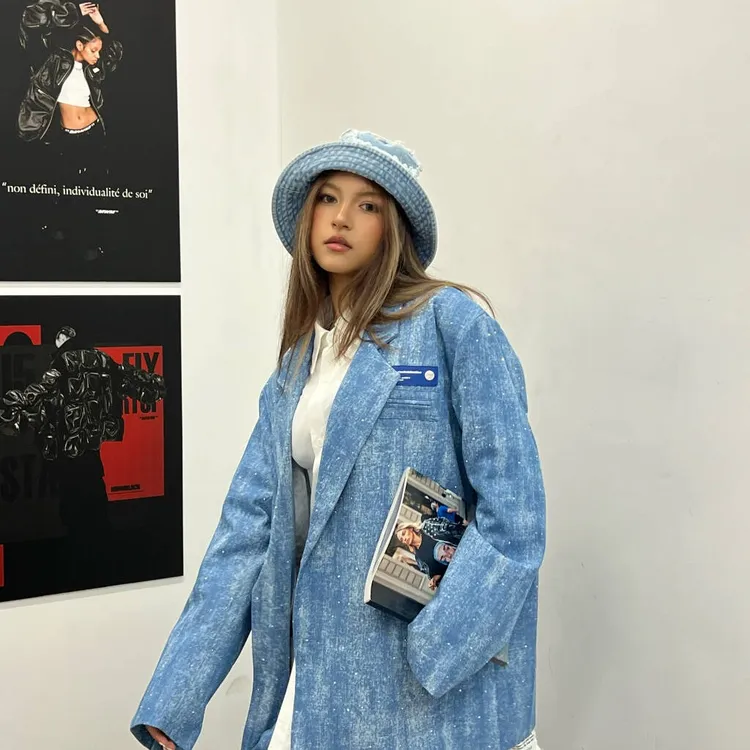 ooxoo|70378男女同款牛仔闪钻纯色时尚简约长袖西装