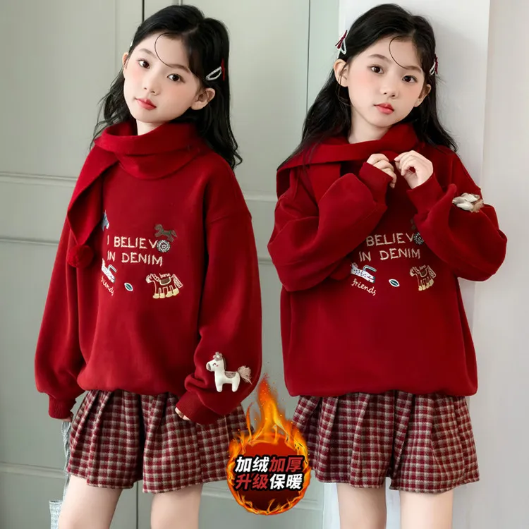 (送围巾）2025女童喜庆风卡通加绒卫衣甜美韩系格子裙套装