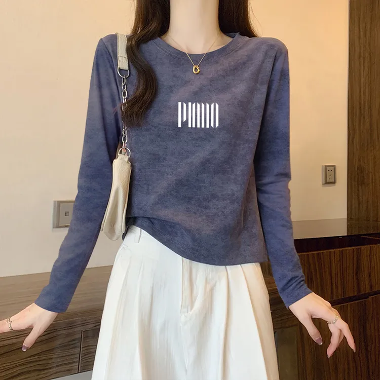 2025新款爆款美式扎染正肩长袖t恤女秋冬季设计感修身打底衫上衣