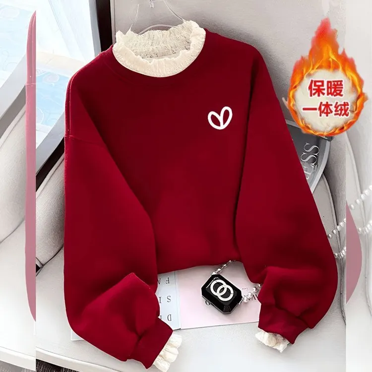 安可拉红女童儿童卫衣新款中大童秋冬红色加绒宽松加厚保暖上衣