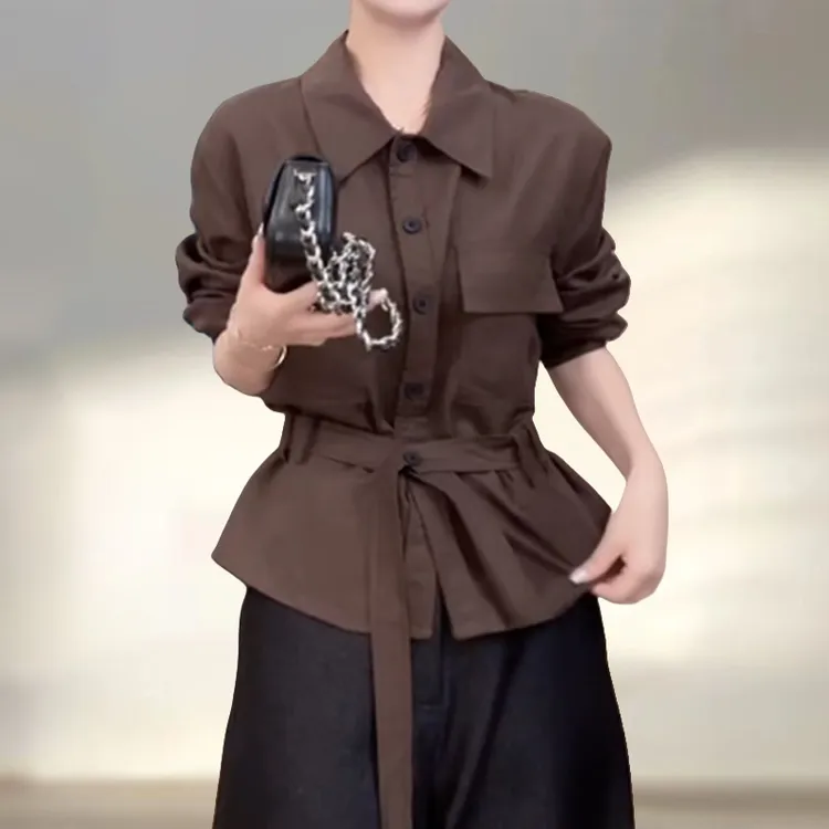 韩系复古小个子百搭收腰POLO领衬衫早秋新款气质个性单排扣上衣女