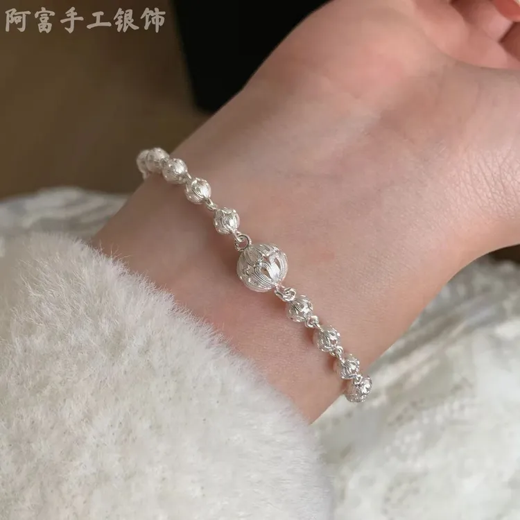 足银手链 足银手链 纯手工花丝镂空绣球手链 百搭气质