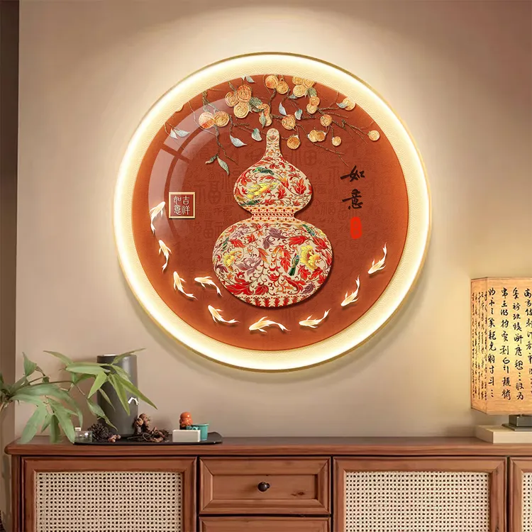 轻奢葫芦led灯入户玄关装饰画好寓意走廊墙壁挂画新中式九鱼壁画