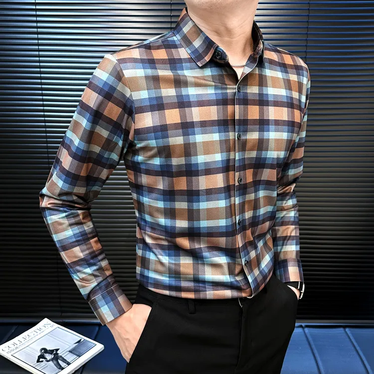 苏格兰格衬衫男款长袖秋季新款商务休闲男装上档次磨毛衬衣男上衣