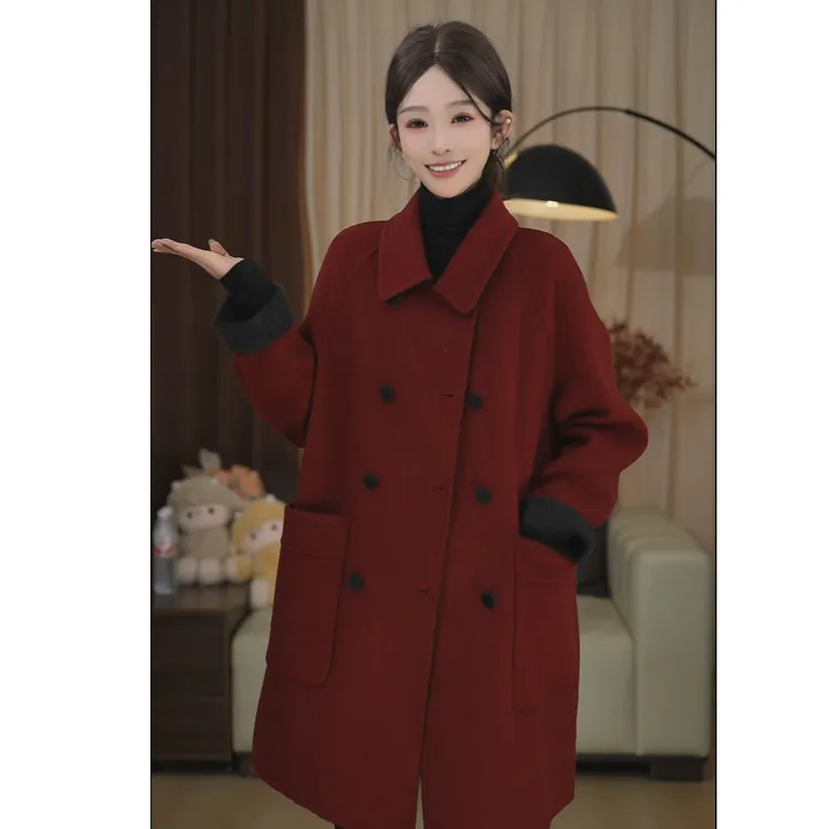 2025秋冬中长款气质时尚显瘦双面撞色小众设计款女士毛呢外套1556