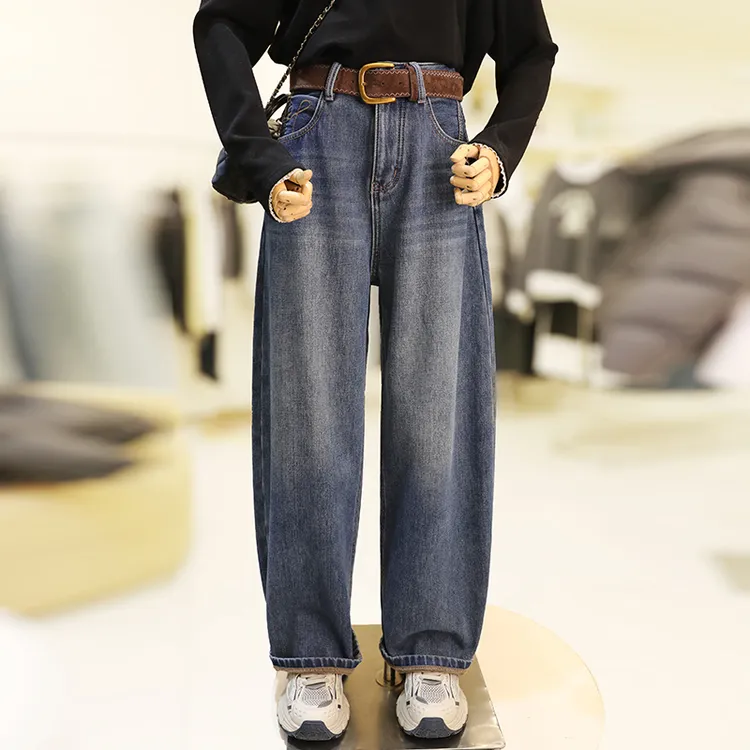 zaw大码女装加绒阔腿弯刀牛仔裤女秋冬季宽松显瘦胖mm裤子/25491