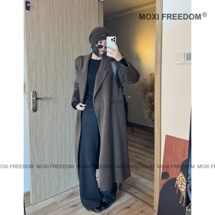 【圣特罗佩】高品质秋冬新款正肩西装领腰带双面毛呢子大衣外套女装