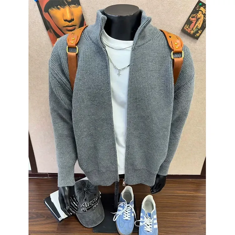 美式复古拉链开衫外套男款高级感boxy立领毛衣cleanfit针织衫夹克