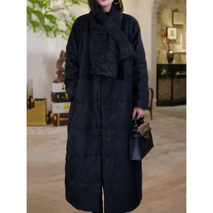 送围巾!轻奢贵夫人长款显瘦棉服2025冬季新款优雅高级感保暖外套