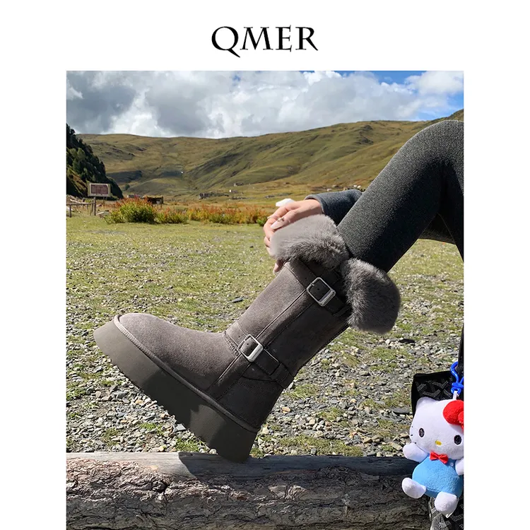 秋美儿厚底两穿灰色雪地靴女加绒加厚中筒棉鞋百搭东北保暖长靴