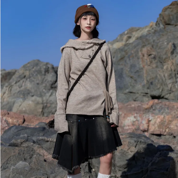 早乙女惠子「游牧系列」Saotome 日系复古套头毛边翻领长袖卫衣3127