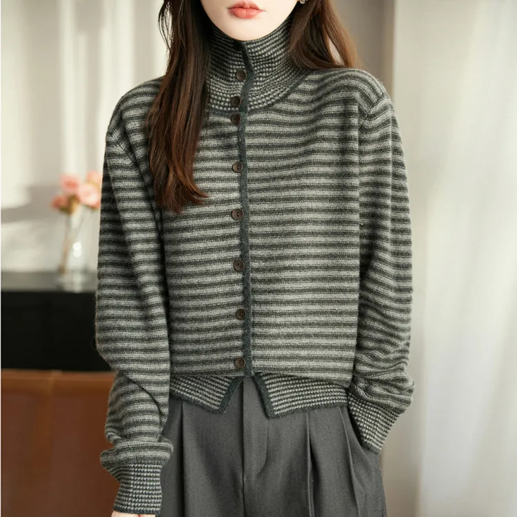 正品哥弟新款女士慵懒纯羊绒开衫高领条纹宽松气质针织衫加厚上衣