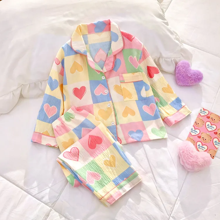 春秋季长袖长裤云朵棉儿童卡通女孩爱心洋气开衫睡衣家居服套装