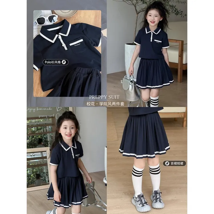 女童学院风套装2025夏季新款裙子韩版polo衫小女孩百褶短裙两件套
