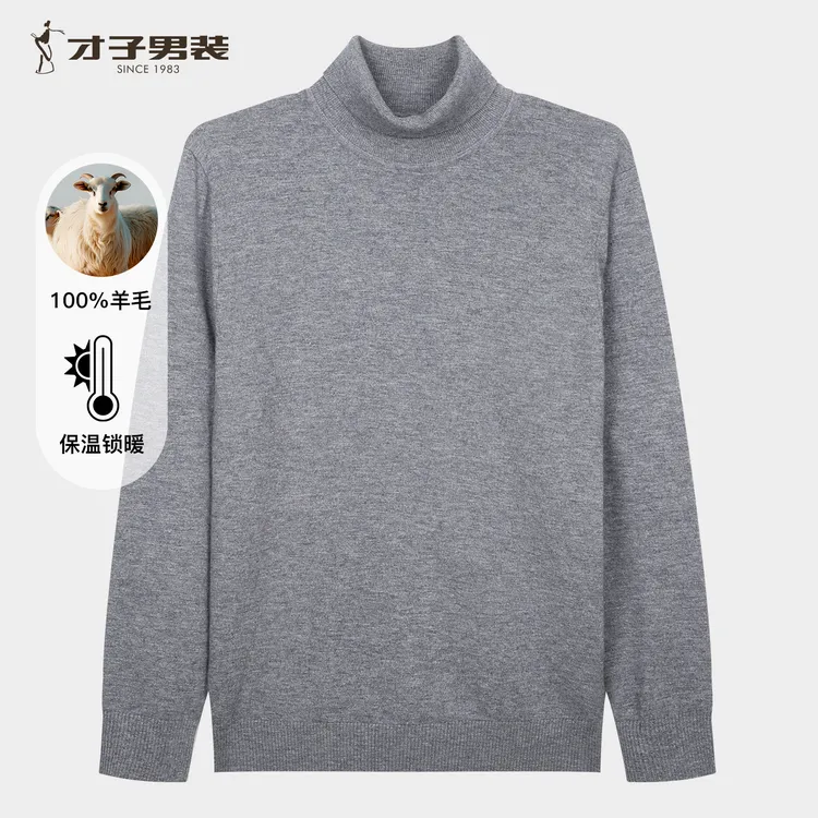 才子男装轻柔100%羊毛衫高领纯色简约百搭内搭日常舒适休闲打底衫