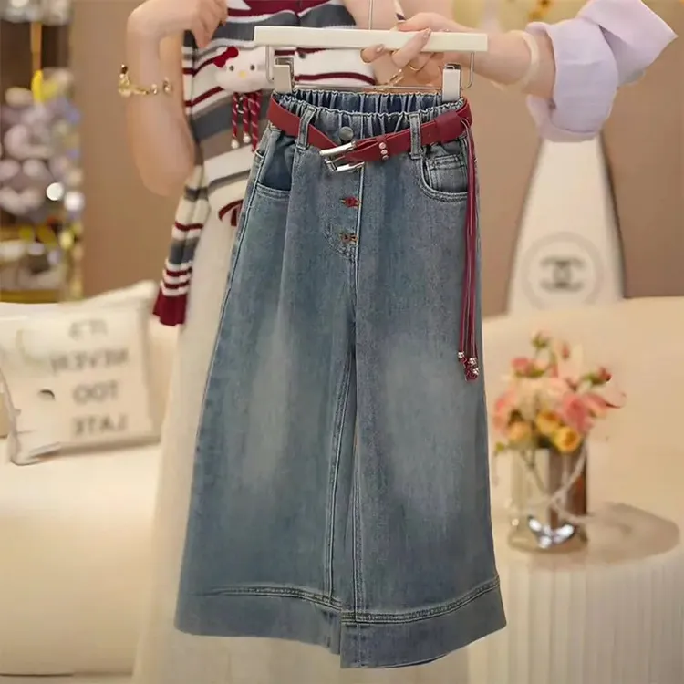 女童水洗软牛仔裤2025新款春秋款中大童高腰炸街百搭洋气阔腿裤潮