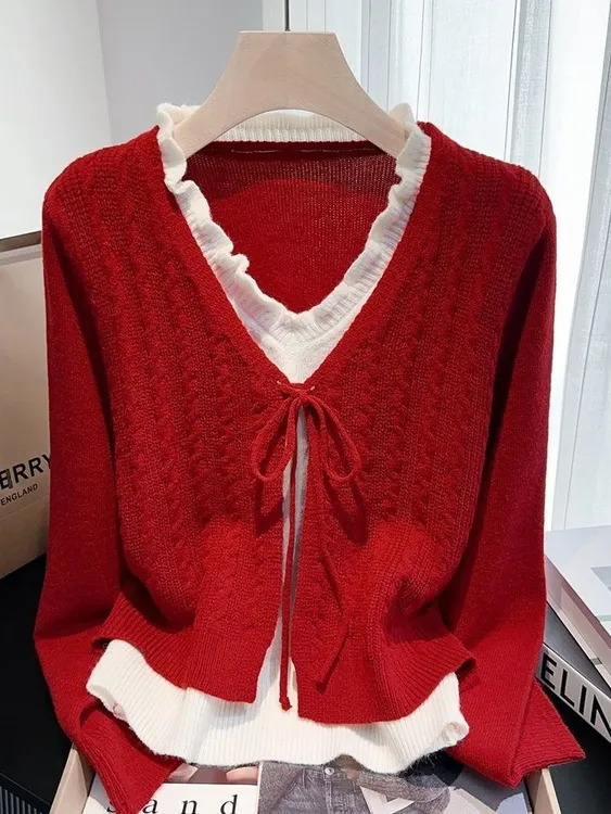 气质拼接假两件V领针织衫上衣女2025秋冬季新款百搭显瘦红色毛衣