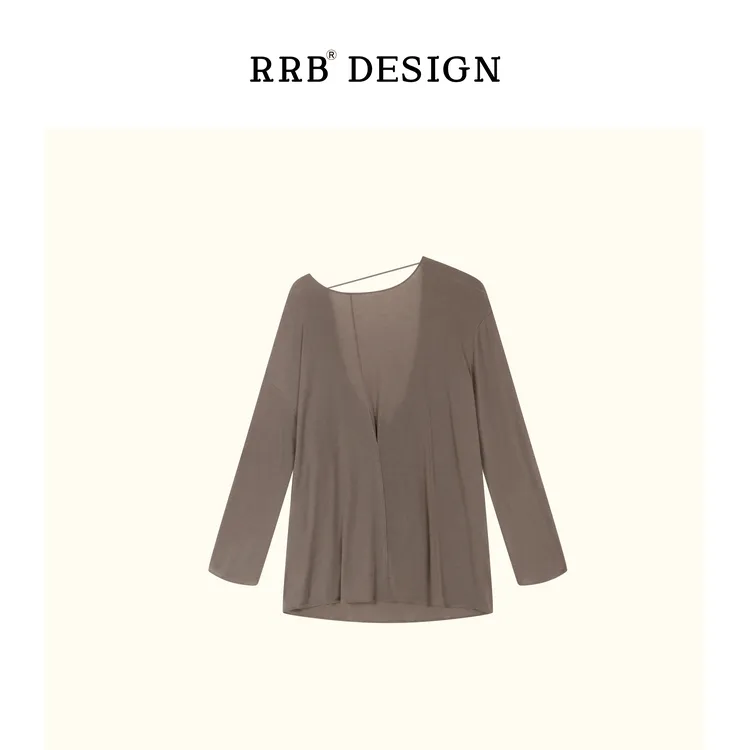 RRB Design「封神裸感」宽松显瘦斜肩拼接百搭纯色长袖上衣