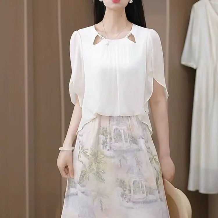 夏季性感拼接连衣妈妈装假两件短袖高腰纯色植物花卉A字裙中长裙