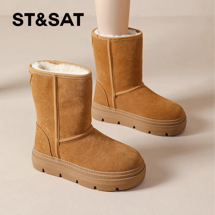 星期六加绒复古棉鞋女2025新款冬季保暖雪地靴加厚毛毛中筒棉靴女