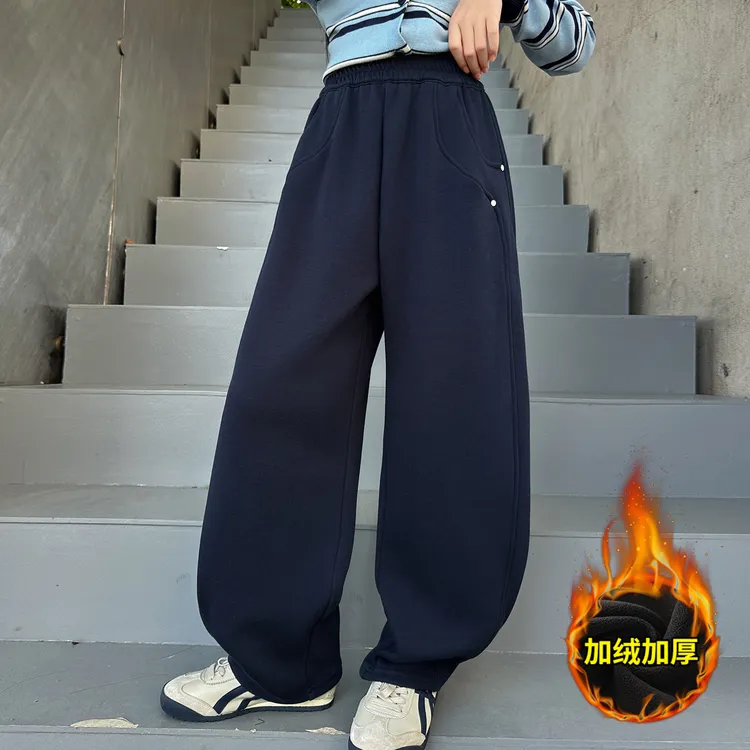 女童一体絨裤子冬款中大儿童时髦洋气加绒运动裤秋冬季阔腿弯刀裤