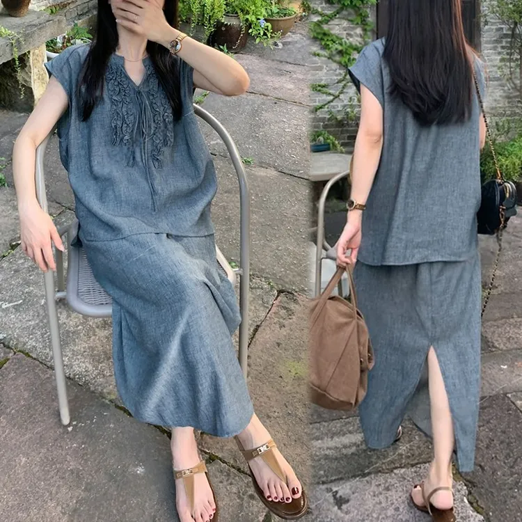 法式提花无袖半身裙套装显瘦薄款