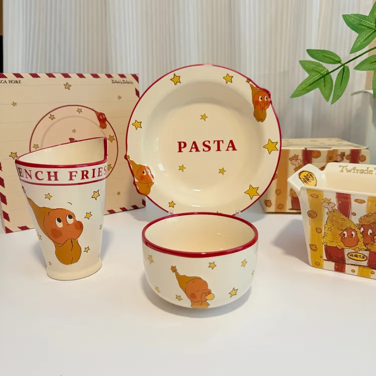 星星人美式浮雕餐具盘子创意沙拉碗新款立体陶瓷碗盘家用饭碗可爱