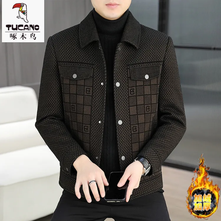 啄木鸟加绒加厚青年呢子毛呢外套秋冬季男士潮流短款翻领修身大码