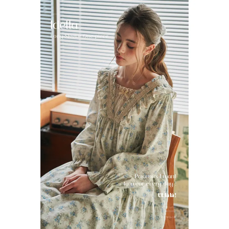 Ullala乌拉拉进口睡衣女秋冬纯棉蕾丝甜美碎花睡裙25280