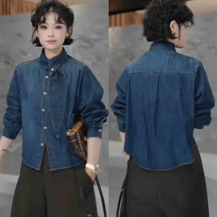 韩系复古风飘带翻领单排扣时尚磨毛加绒衬衫2025冬季宽松长袖上衣