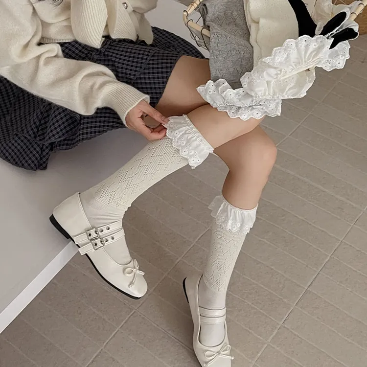 森系文艺风学生小腿袜温柔蕾丝花边袜子法式纯白色优雅气质短筒袜