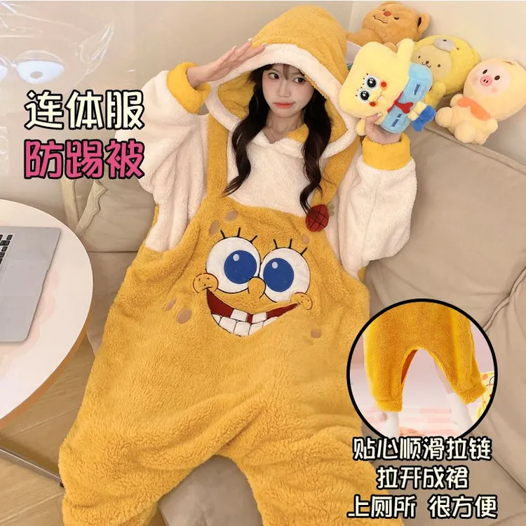 海绵宝宝连体睡衣女秋冬季珊瑚绒加厚保暖可外穿法兰绒学生家居服