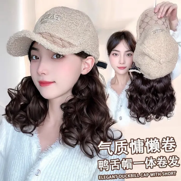 假发帽子女一体式冬季新款卷发羊羔毛棒球帽仿真发梨花卷鸭舌帽